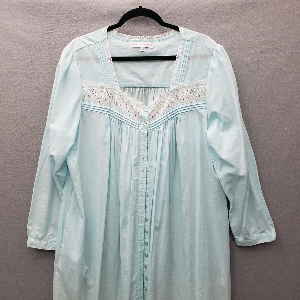 Vintage Eileen West Long Nightgown Light Aqua Blue Lace Trim Grannycore Mumu XL - Picture 8 of 12